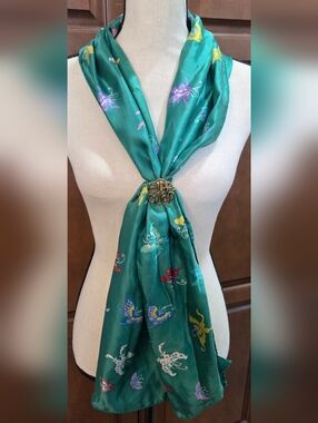 Smithsonian Silk Scarf Green Butterfly Print Made in Japan w Scarf Clip Monogram